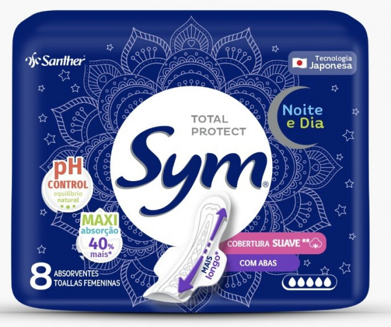 ABSORVENTE SYM SUAVE NOTURNO C/8 UNIDADES - C/ ABAS DZ COM 12 UM
