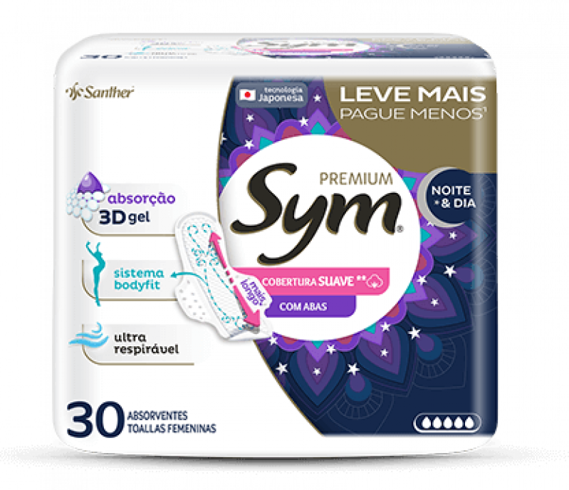 ABSORVENTE SYM PREMIUM NOTURNO C/30 UNID - SUAVE C/ABAS PT COM 15 UM