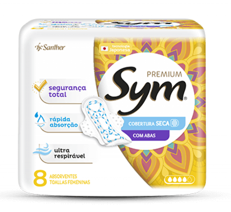 ABSORVENTE SYM PREMIUM COBERTURA SECA C/8 PADS - SECA C/ABAS PT COM 8 UM