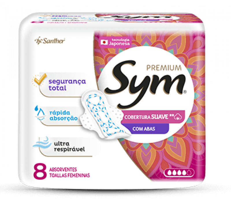ABSORVENTE SYM PREMIUM COBERTURA SUAVE C/8 PADS - SUAVE C/ABAS PT COM 8 UM