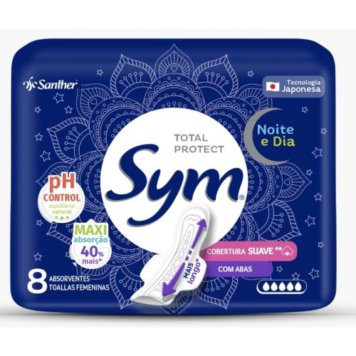 ABSORVENTE SYM SUAVE NOTURNO C/8 UNIDADES - C/ ABAS DZ COM 12 UM