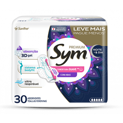 ABSORVENTE SYM PREMIUM NOTURNO C/30 UNID - SUAVE C/ABAS PT COM 15 UM