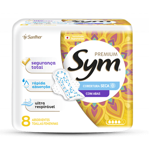 ABSORVENTE SYM PREMIUM COBERTURA SECA C/8 PADS - SECA C/ABAS PT COM 8 UM