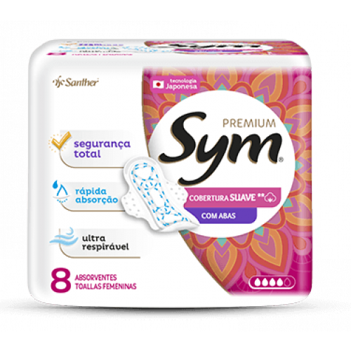 ABSORVENTE SYM PREMIUM COBERTURA SUAVE C/8 PADS - SUAVE C/ABAS PT COM 8 UM