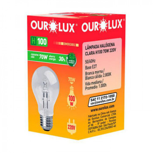 LÂMPADA OUROLUX HALÓGENA CLARA 220V - H100 70W PT COM 10 UM