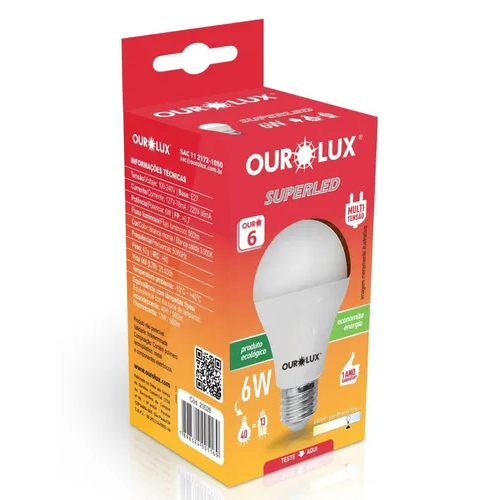 LÂMPADA OUROLUX SUPERLED CAIXINHA BIVOLT - 6W PT COM 10 UM